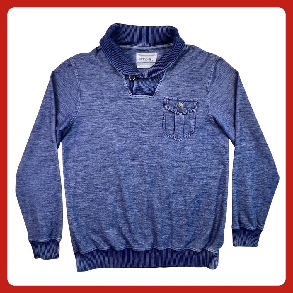Ring of Fire Shawl Collar Pullover Sweatshirt Men XL Blue Heather Button Pocket